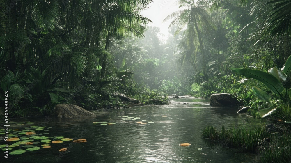 Poster lush green jungle with a stream flowing through the forest