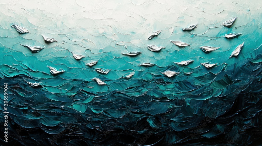 Poster abstract painting showing white silver objects over water textures