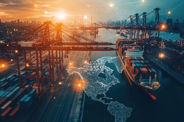 World map and AI-enhanced logistics network with container ship for international trade
