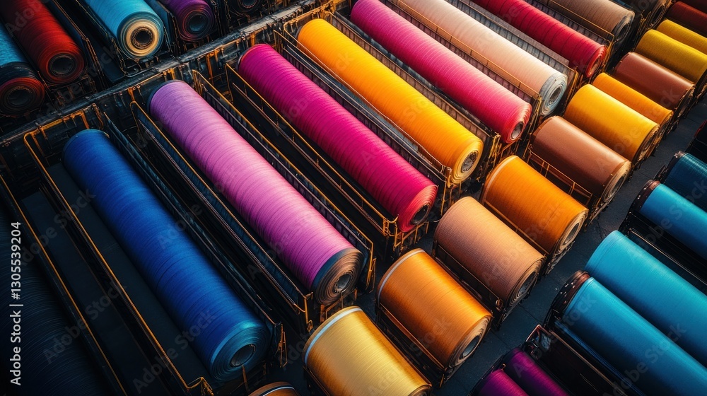 Poster colorful textile rolls displayed in rows of manufacturing containers