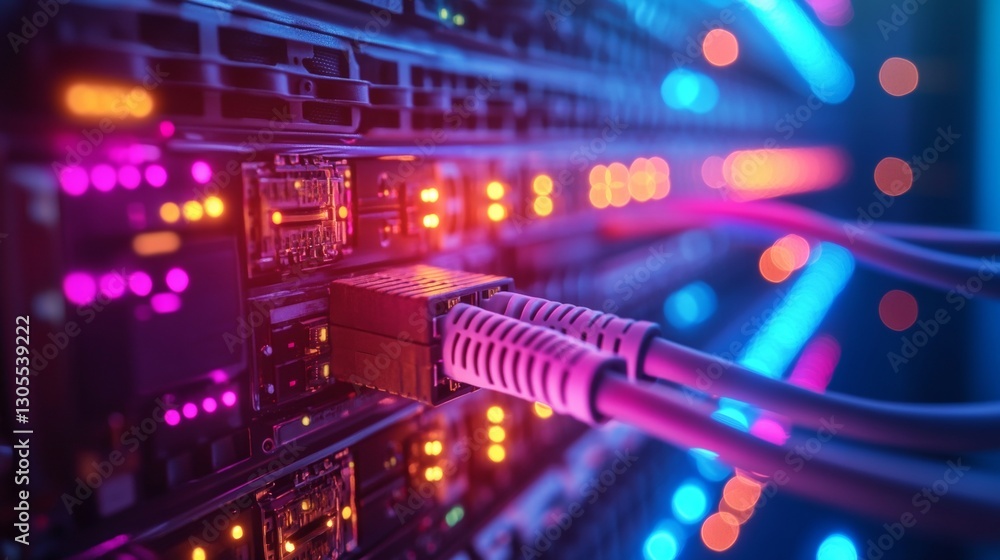 Poster close-up view of network cables connected to tech equipment rack. colorful lights illuminate tech co
