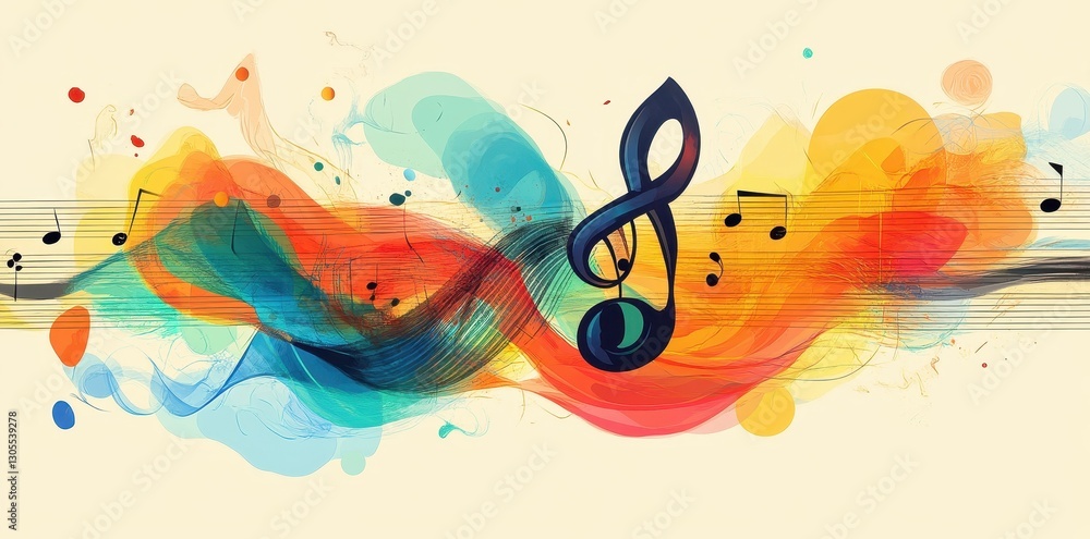 Poster a colorful abstract musical composition with notes and clef symbol