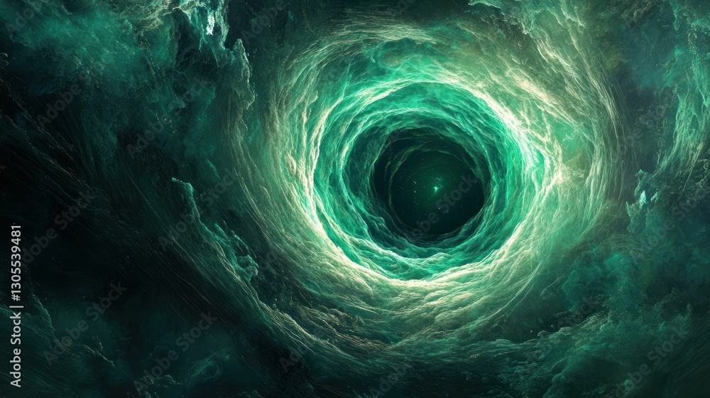 Poster an abstract depiction of a swirling vortex in emerald green colors