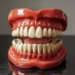 Obraz premium Model of human teeth and gums displayed on a dark surface in a clinical setting