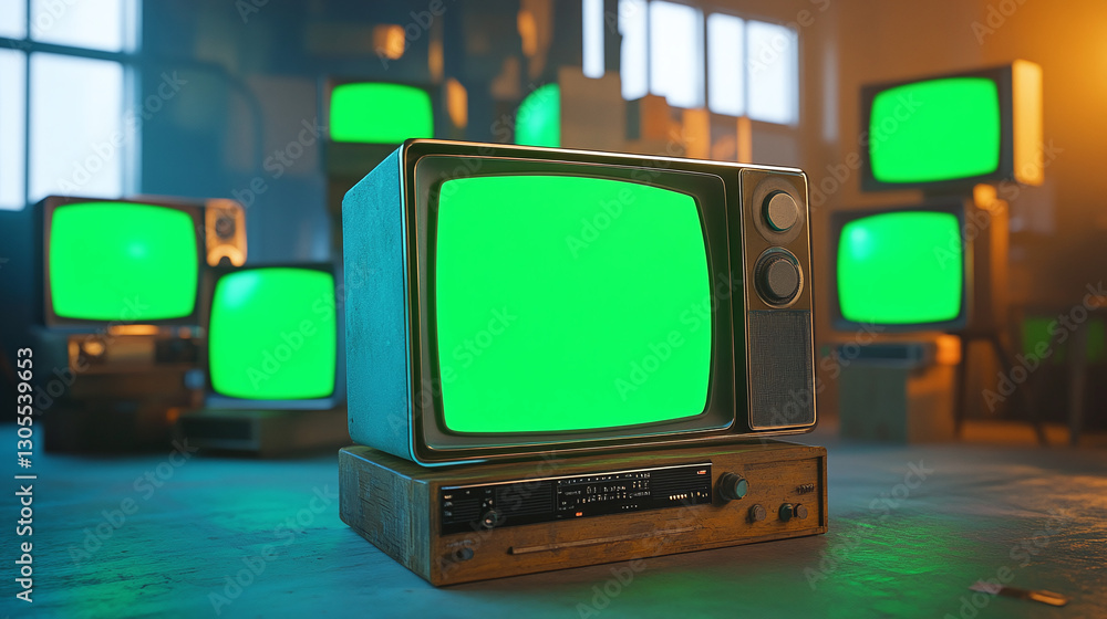Poster artistic 3d rendered composition stack old classic television with green screen monitors random posi