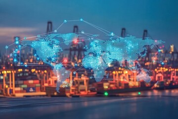 Fototapeta premium Global logistics for international delivery using a world map to manage supply chains and container ships