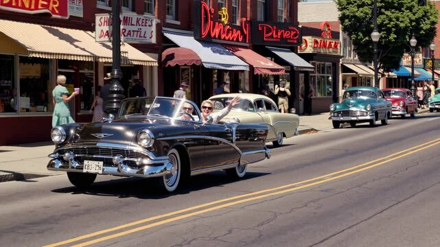 Vintage video scene of classic cars cruising a retro street, captured from a low-angle, showcasing 1950s diners and storefronts.