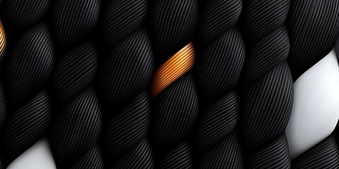 Close-up of intricately woven ropes in black, white, and a hint of orange, showcasing texture