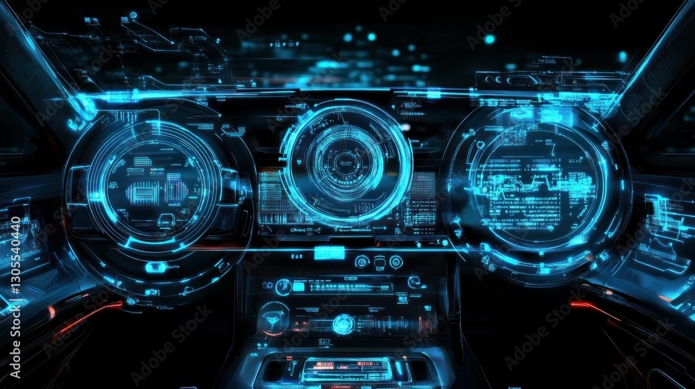 Poster Digital Dashboard Displaying Technical Data And Information On Black Surface