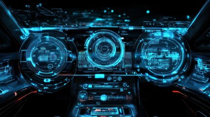 Digital Dashboard Displaying Technical Data And Information On Black Surface