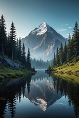 mountains reflected in a lake with trees and grass