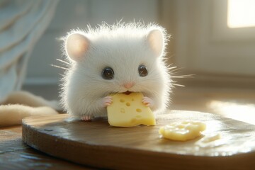 Fototapeta premium a small white mouse on a wooden board sniffs a piece of cheese