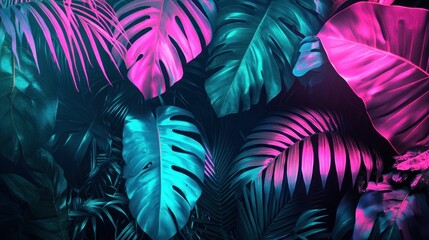 Tropical Plant Leaves Displayed With Pink And Teal Lighting