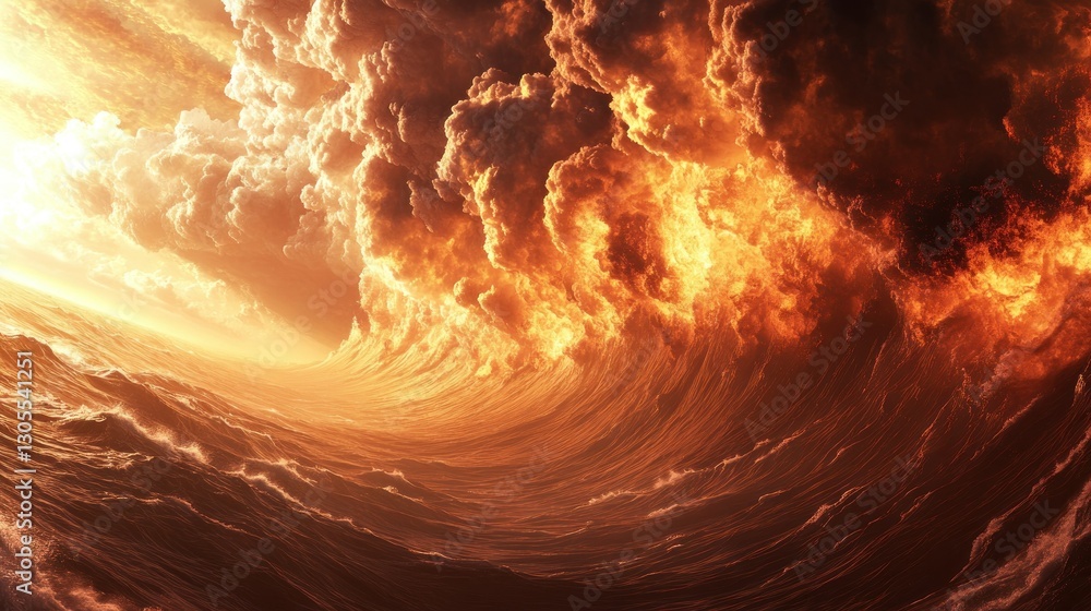 Poster A fiery ocean wave explodes with intense orange and dark clouds