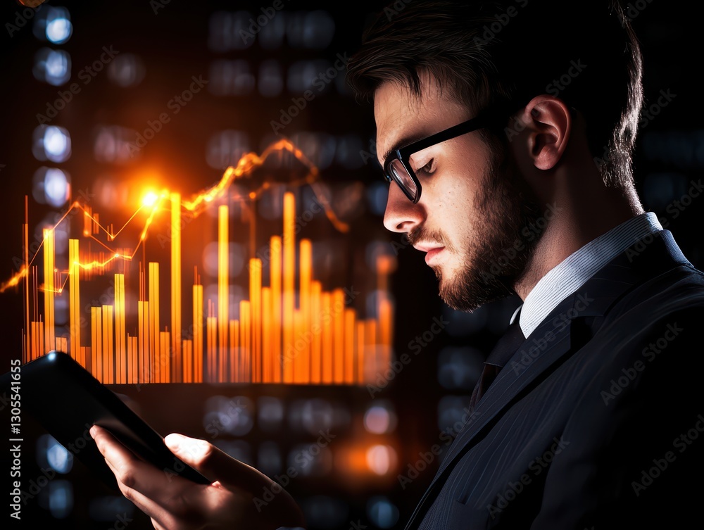 Poster professional man analyzing data and charts on tablet in modern business environment