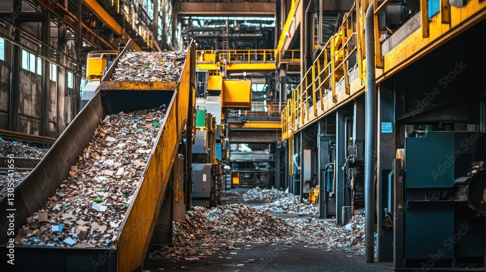 Poster inside a recycling plant showing the industrial process of sorting