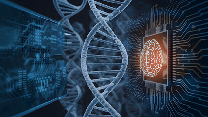 A photo of a DNA double helix intertwined with digital AI elements. The DNA is represented by a long, twisted ladder. The AI elements include a circuit board, a computer chip, and a glowing AI logo.