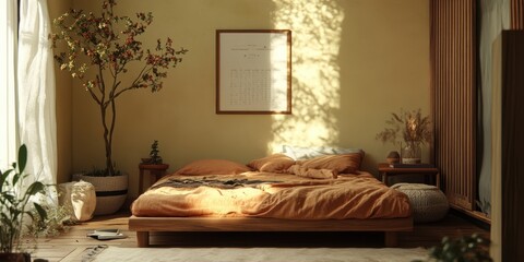A cozy bedroom with natural sunlight and indoor potted plants