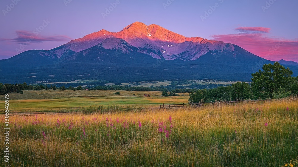 Poster a mountain illuminated by the setting sun over a green field