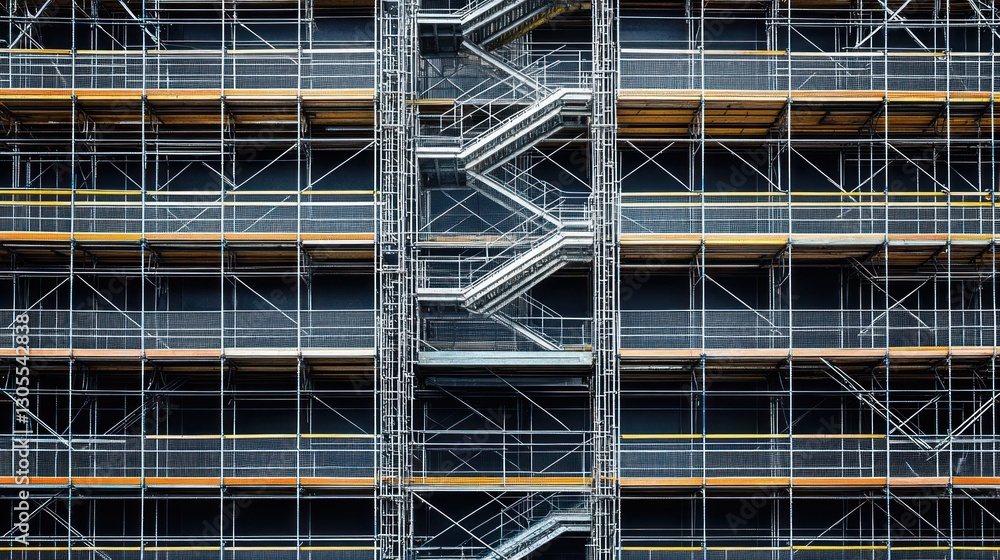 Poster exterior view of a building facade covered with scaffolding