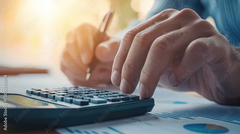 Poster detailed financial data analysis with calculator and accounting records in office setting