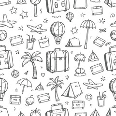 Seamless Travel Doodle Pattern with Hand-Drawn Elements

