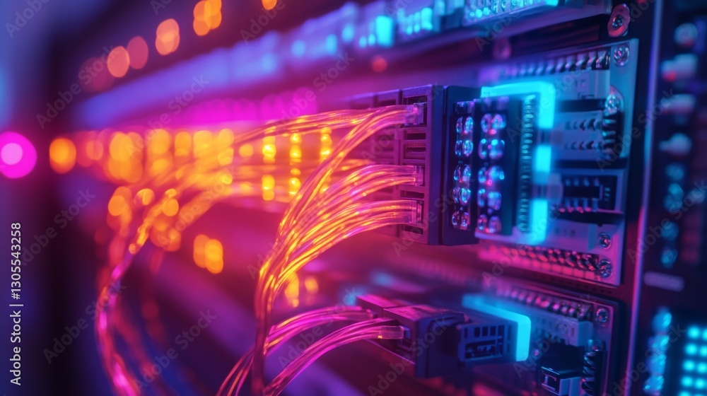 Aufkleber close-up view of network cables connected to tech equipment rack. colorful lights illuminate tech co