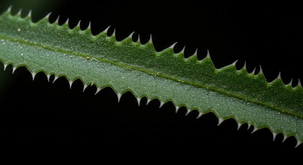 Close Up of a Green Leaf with Spikes on a Black Background