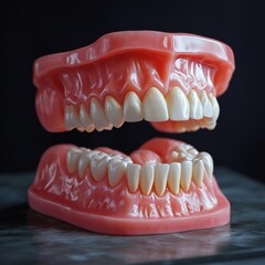 Obraz premium Realistic dental model demonstrating human teeth structure on a dark surface in a clinical setting