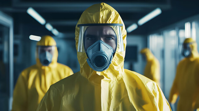 Medical professionals in protective suits conduct research in a laboratory setting during a specialized health emergency