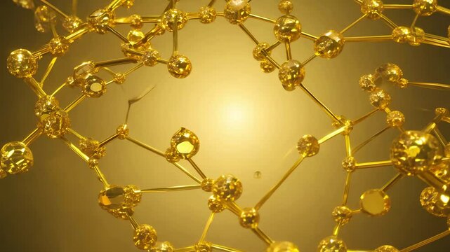 A close-up view of golden molecules forming a dynamic, interconnected structure, with glowing highlights and a warm yellow background.
