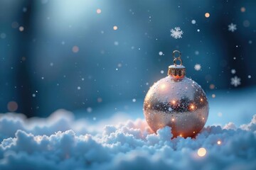 A delicate snowflake falls gently through the cloudy sky over a shining Christmas ball, tranquil, twinkle, serenely