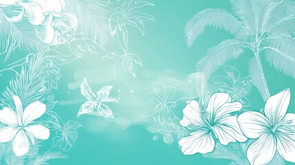 Beautiful Hand Drawn Flowers And Palm Trees Against Turquoise Background