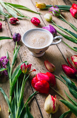 Multicolored tulips and cup of cappuccino on wooden background