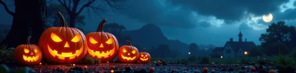 Carved pumpkins illuminated against a dark and stormy night sky, jack o lantern, decorations