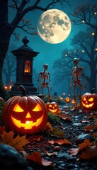 Fototapeta premium Carved pumpkins and skeletons in graveyard scene, skeletons, spooky, autumn night
