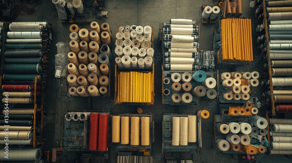 Poster rolls of fabric and thread are organized in industrial spaces