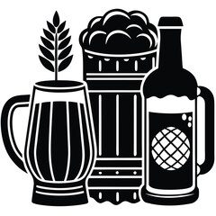 Vintage Beer Mug Collection,Retro Beer Glasses and Barley,Classic Beer Stein Design | Brewery-Themed Artwork.