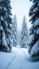 Obraz premium Dense snowfall on Lassen National Forest trees, northern california, forest landscape, snowstorm