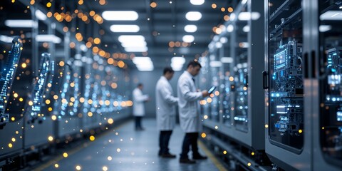 Technicians working in a data center during the evening in a high-tech environment