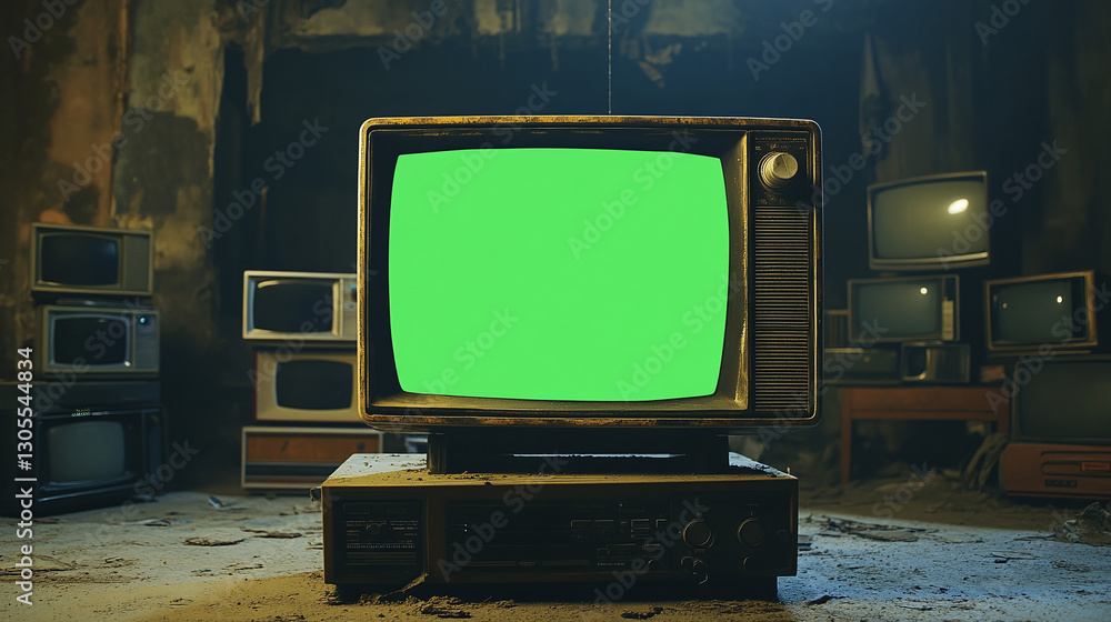Poster artistic 3d rendered tv monitor in front of stack old classics television with green screen random p