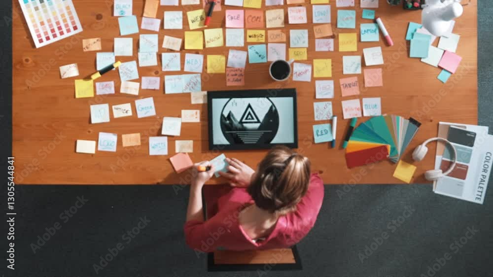 Poster top view of designer writing idea on colorful sticky notes while sitting at meeting table with table