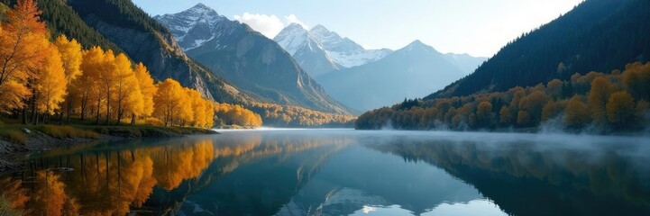 Obraz premium Misty Aspen trees reflect on calm mountain lake, telluride, aspen, peaceful