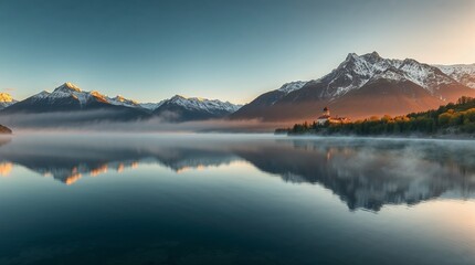 Precise architectural photography of serene mountain lake at sunrise with vibrant colors and mist