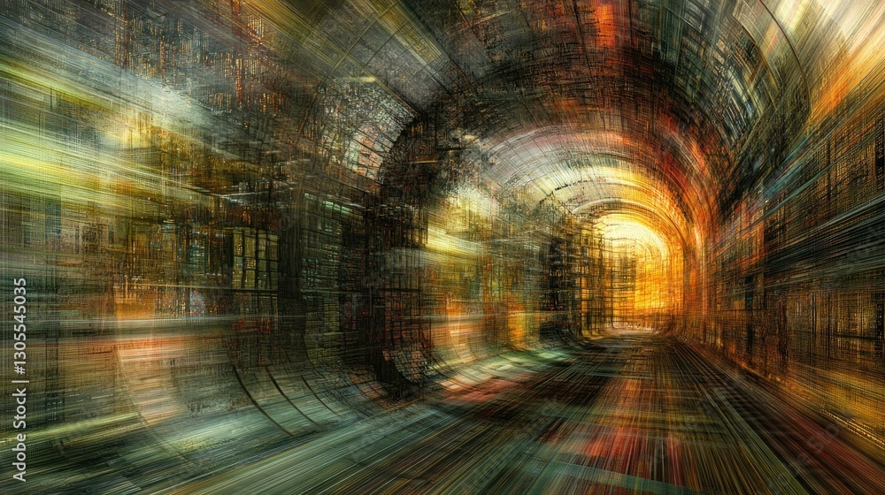 Poster A dark tunnel with arches and an illuminated exit is present