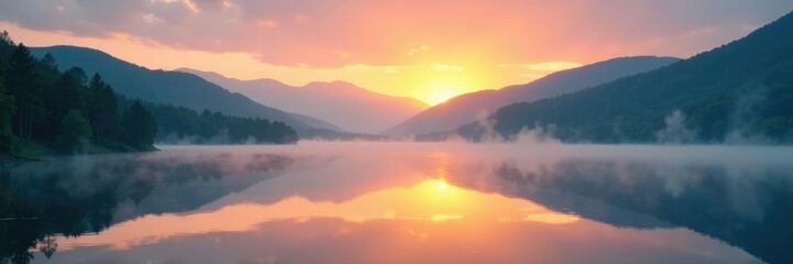 Obraz premium Misty dawn on a serene lake with rolling hills and trees, morning, serene