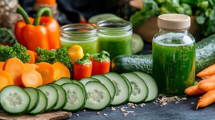 Raw foods spread with sliced cucumbers carrots peppers and cold pressed juices displayed in a fresh health centric arrangement