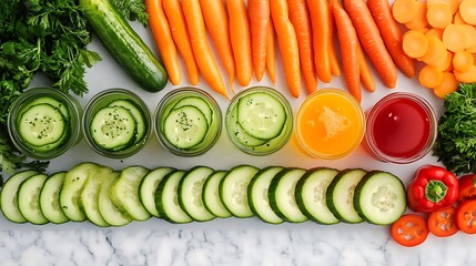 Raw foods spread with sliced cucumbers carrots peppers and cold pressed juices displayed in a fresh health centric arrangement