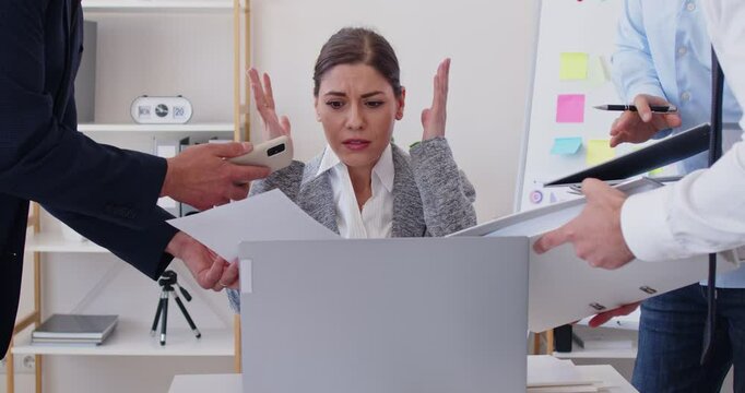 Too much paperwork, office manager professional burnout, female at workplace by computer getting tasks, desperate young woman having difficult problem at work missed deadline, stressed and frustrated