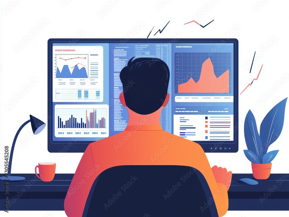 Poster businessman analyzing market trends with graphs and data on computer screen